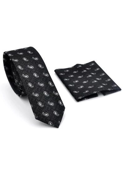 Beyaz Şal Desenli Siyah Dokuma Kumaş Mendilli Slim Fit Kravat // SDK-240809 - Resim 2