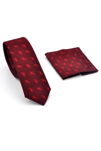 Kırmızı Şal Desenli Bordo Dokuma Kumaş Mendilli Slim Fit Kravat // SDK-240810 - Resim 2