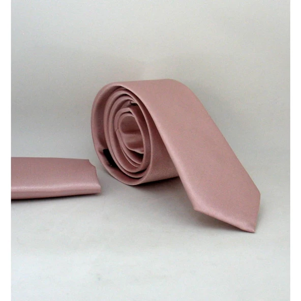 Pudra Pembe Slim Fit Düz Renk Mendilli Saten Kravat - Ss-39 Diğer ürün görseli