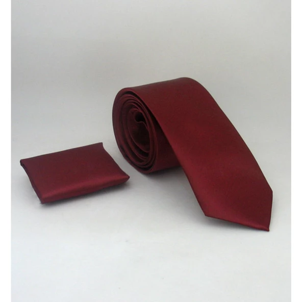Bordo Slim Fit Düz Renk Mendilli Saten Kravat - Ss-37 Bordo ürün görseli