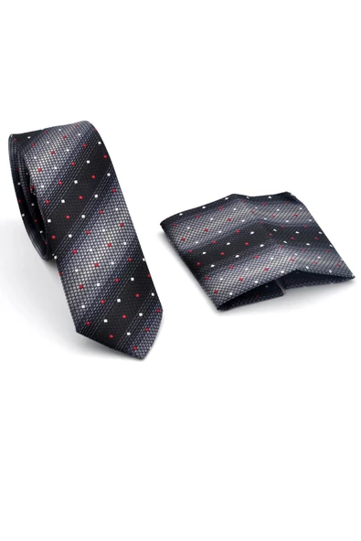 Gri Füme ve Siyah Verev Desenli Dokuma Kumaş Mendilli Slim Fit Kravat // SDK-240803 - Resim 2