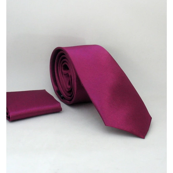 Mürdüm Slim Fit Düz Renk Mendilli Saten Kravat - Ss-06 Diğer ürün görseli