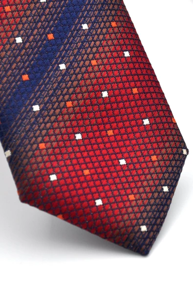 Bordo Kahverengi ve Lacivert Verev Desenli Dokuma Kumaş Mendilli Slim Fit Kravat // SDK-240802 - Resim 3