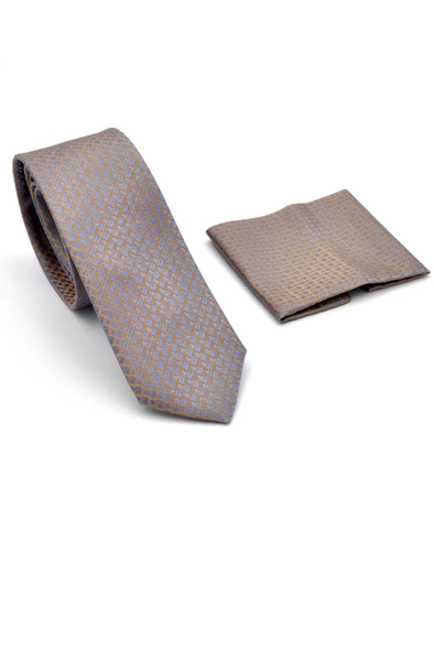 Mavi Küçük Kare Desenli Bej Dokuma Kumaş Mendilli Slim Fit Kravat // SDK-240811 - Resim 2