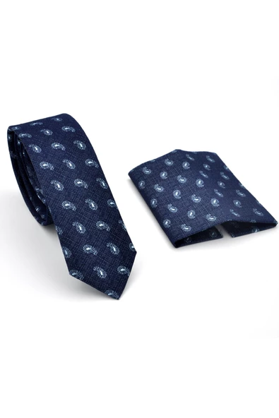 Mavi Şal Desenli Lacivert Dokuma Kumaş Mendilli Slim Fit Kravat // SDK-240808 - Resim 2