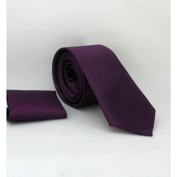 Koyu Mor Slim Fit Düz Renk Mendilli Saten Kravat - Ss-21 Diğer ürün görseli