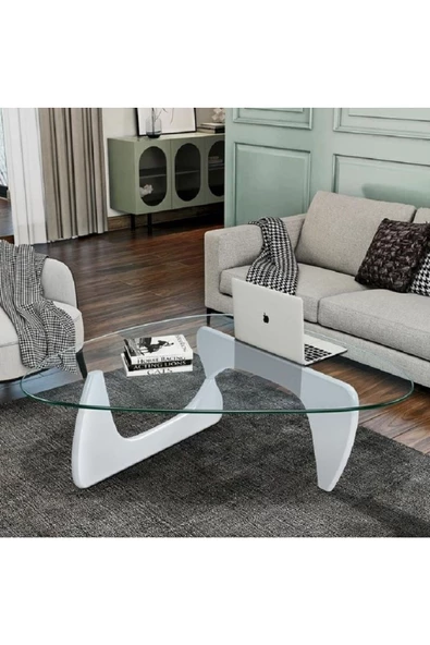 Eriza Vitra, Yeni Nesil Modern Elips Geometrik Orta Cam Sehpa, Beyaz - 2