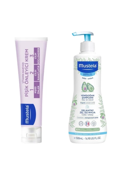 MUSTELA Gentle Cleansing Yenidoğan Saç Vücut Şampuanı 500 mlve Mustela 100Ml Pişik kremi Seti