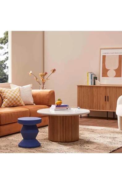 Eriza Nare, Yeni Nesil Modern Yuvarlak Ekru & Natural Ahşap Orta Sehpa - 3