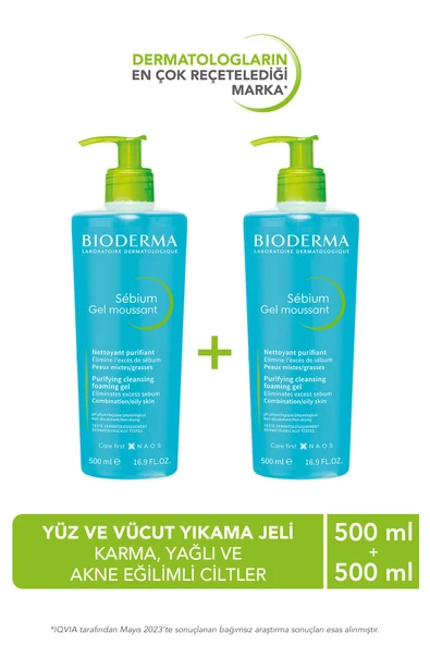 BİODERMA Sebium Foaming Gel Karma, Yağlı ve Akne Eğilimli Ciltler İçin Yüz Temizleme Jeli 500 ml X2