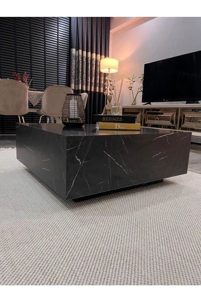 Eriza Lesley, Kare Traverten Mermer Desenli Modern Orta Sehpa, Siyah - 4