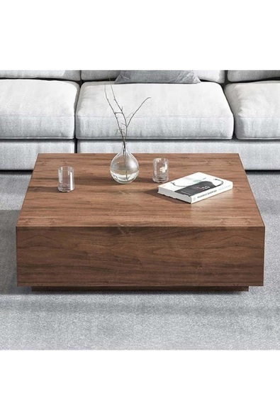 Eriza Lesley, Kare Traverten Mermer Desenli Modern Orta Sehpa, Ceviz - 2