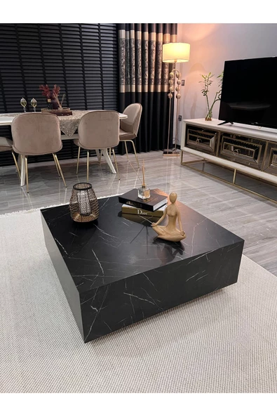 Eriza Lesley, Kare Traverten Mermer Desenli Modern Orta Sehpa, Siyah - 2