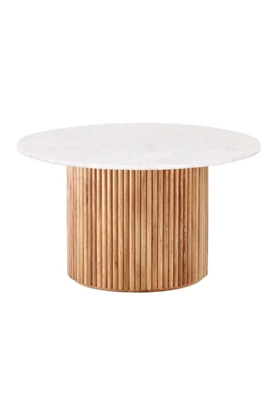 Eriza Nare, Yeni Nesil Modern Yuvarlak Ekru & Natural Ahşap Orta Sehpa - 4