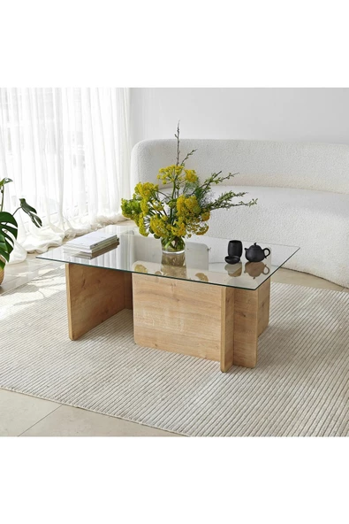 Eriza Piano, Yeni Nesil Modern Dikdörtgen Cam Orta Sehpa, Natural - 3