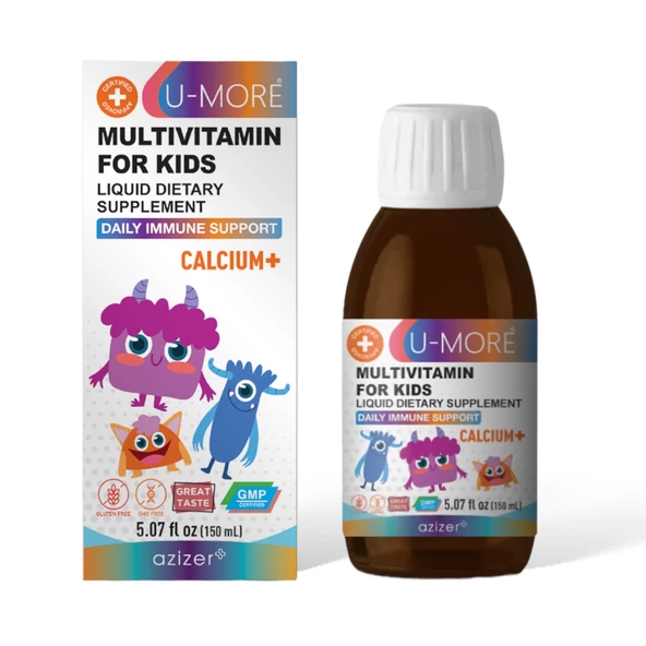 U MORE - Multivitamin Ve Kalsiyumlu Çocuk Şurubu, Çinko, Vitamin C, B3, E, B5, B2, B1, B6, A, D-150ml