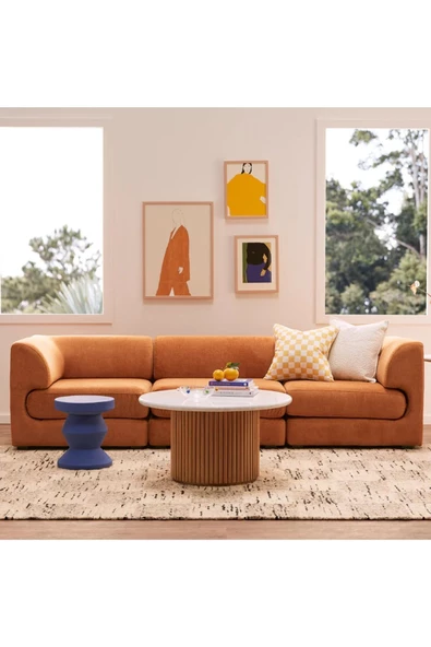 Eriza Nare, Yeni Nesil Modern Yuvarlak Ekru & Natural Ahşap Orta Sehpa - 2