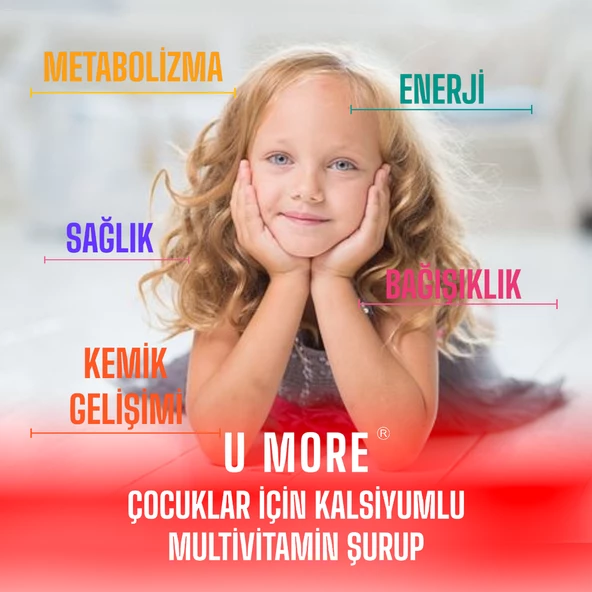 U MORE - Multivitamin Ve Kalsiyumlu Çocuk Şurubu, Çinko, Vitamin C, B3, E, B5, B2, B1, B6, A, D-150ml - 3