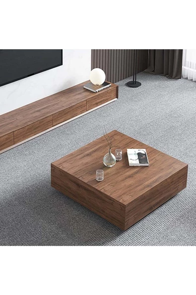 Eriza Lesley, Kare Traverten Mermer Desenli Modern Orta Sehpa, Ceviz - 3