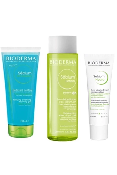 BİODERMA Sebium Foaming Gel Tüp 200 Ml+ Sebium Lotion 200 Ml+ Sebium Hydra Cream 40