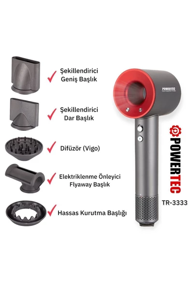 Powertec TR-3333 İyonizerli 5 Fonksiyon Plazma Saç Kurutma & Fön Makinesi