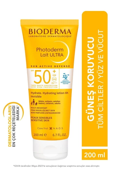 BİODERMA Photoderm Lait Ultra SPF50+ Tüm Ciltler için Yüksek Koruma Süt Formda Yüz, Vücut Güneş Kremi 200 ml