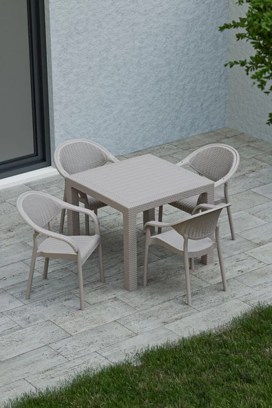 Çavdar Group 90x90 cm Rattan 4 Kişilik Masa Takımı Camsız Bambu Sandalye Bahçe Teras Takımı Oturma Grubu