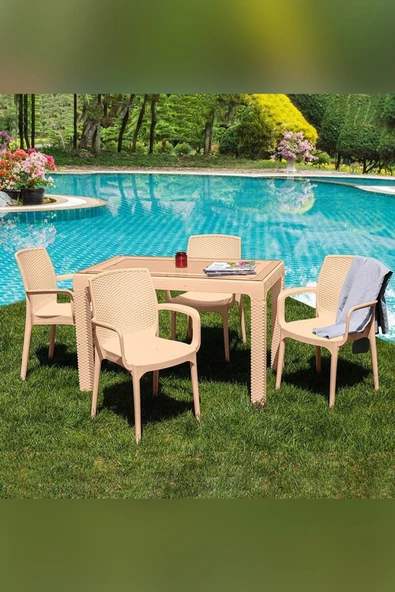 Çavdar Group Rattan 70x120 Cm Camlı Bahçe Balkon Teras Masa Takımı 4 Adet Sandalye