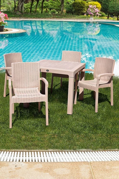 Çavdar Group Violet Rattan 90x90 cm Camsız Bahçe Balkon Teras Masa Takımı 4 Adet Sandalye