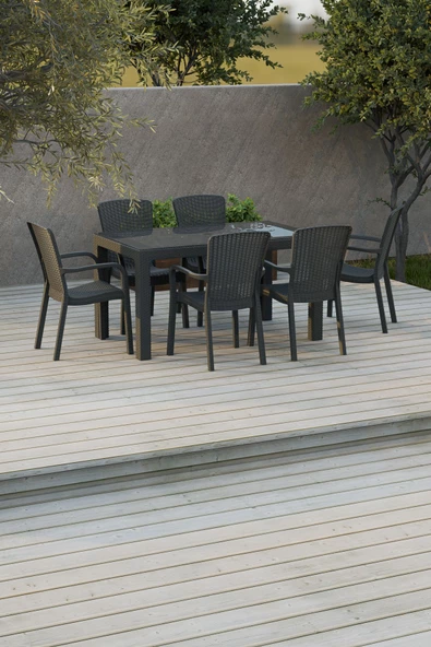 Çavdar Group 80x140 cm Rattan 6 Kişilik Masa Takımı Camlı Sedan Sandalye Bahçe Teras Takımı Oturma Grubu - 1