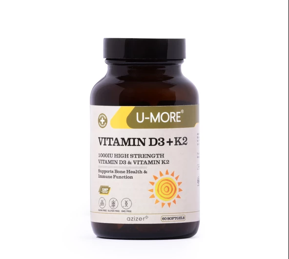 U MORE - Vitamin D3 (1000IU) Vitamin K2 - Şeker, Glüten, Gdo Içermez - 60 Yumuşak Kapsül