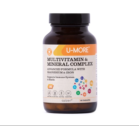 U MORE - Multivitamin 60 Tablet - Kalsiyum, Magnezyum, Demir, Çinko - Vegan, Şekersiz, Glutensiz