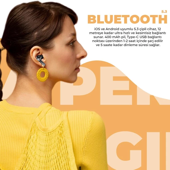 Moodix KI23K039 Bluetooth Kulakiçi Kulaklık Siyah-Sarı ANC Aktif Gürültü Engelleyicili ipx7 Suya Dayanıklı - 8