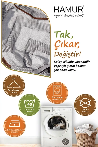 Yıkanabilir Puf Tabure Kılıfı Tak-Çıkar-Değiştir-Yenile Orta Sehpa Kılıfı By Line Gri - 4