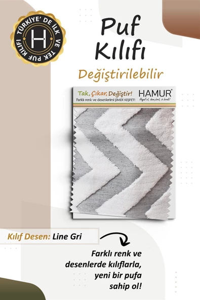 Yıkanabilir Puf Tabure Kılıfı Tak-Çıkar-Değiştir-Yenile Orta Sehpa Kılıfı By Line Gri - 3