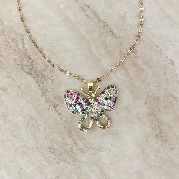 Renkli Zirkon Taşlı Kelebek Kolye - 4