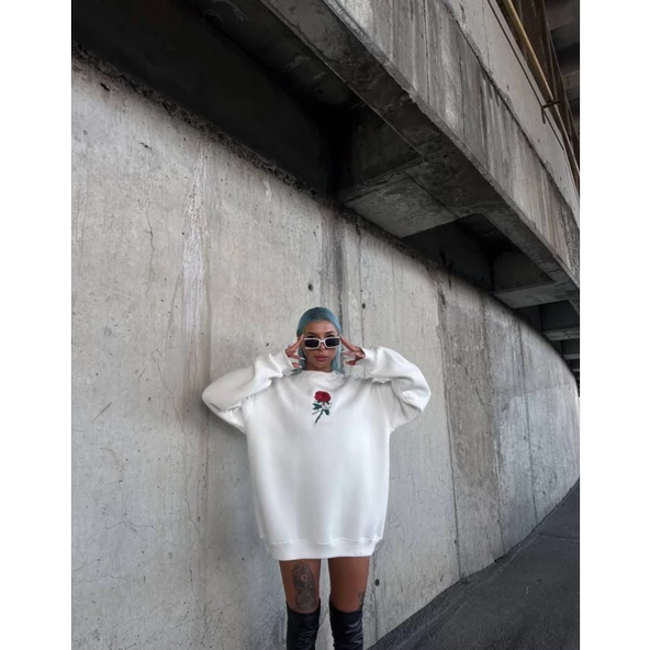 Oversize Üç İplik Bisiklet Yaka Baskılı SweatShirt - Beyaz - 2