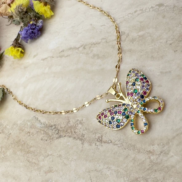 Renkli Zirkon Taşlı Kelebek Kolye - 2
