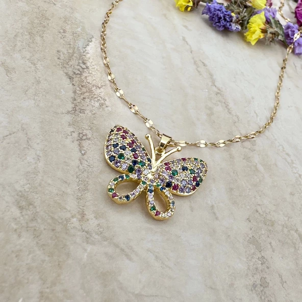 Renkli Zirkon Taşlı Kelebek Kolye - 3