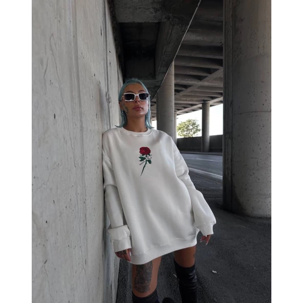 Oversize Üç İplik Bisiklet Yaka Baskılı SweatShirt - Beyaz - 4