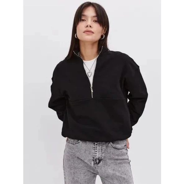 Oversize Yarım Farmuarlı Yakalı Basic SweatShirt - Siyah - 2