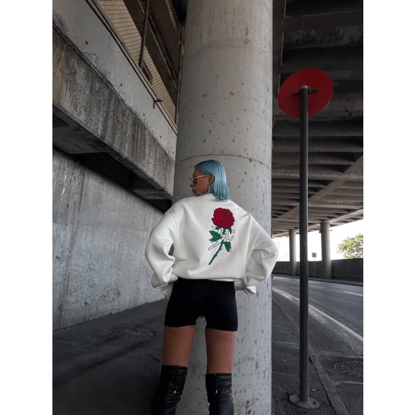 Oversize Üç İplik Bisiklet Yaka Baskılı SweatShirt - Beyaz - 3