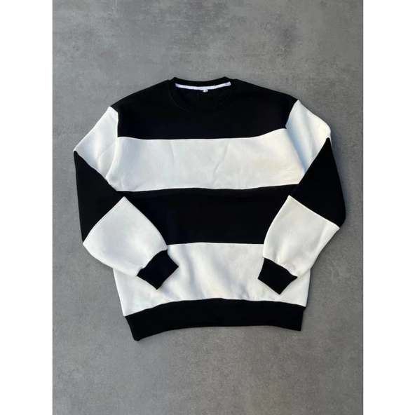 Parçalı Bisiklet Yaka Baskılı SweatShirt - Siyah