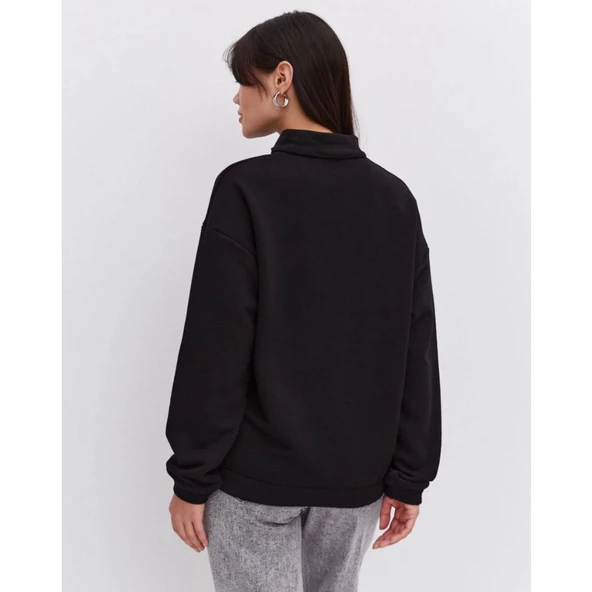 Oversize Yarım Farmuarlı Yakalı Basic SweatShirt - Siyah - 4