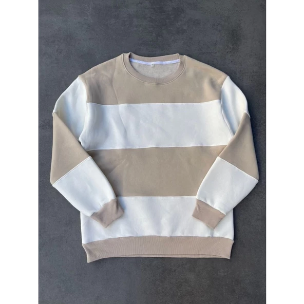 Parçalı Bisiklet Yaka Baskılı SweatShirt - Bej