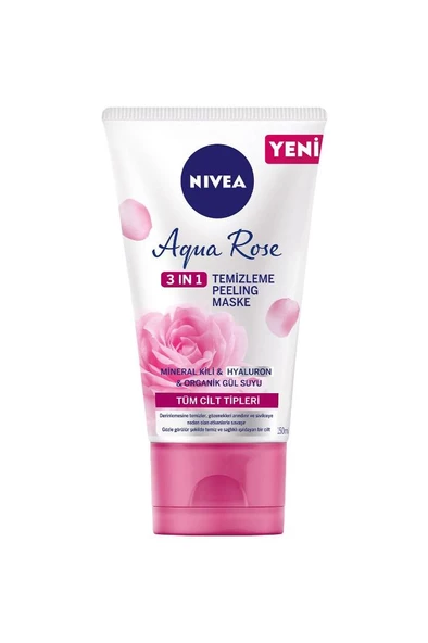 Nivea Aqua Rose 3ü1 arada Yüz Temizleme Peeling Maske,Organik Gül Suyu,Hyaluron,Mineral Kili 150ml