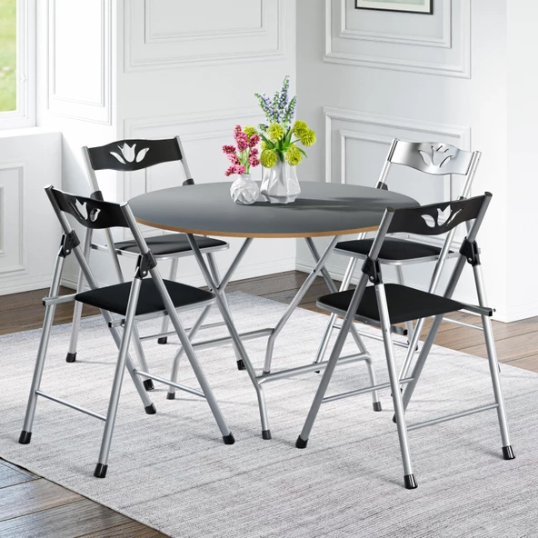 Eportatif Katlanır Masa ve 4 Adet Sandalye Seti Füme 1464