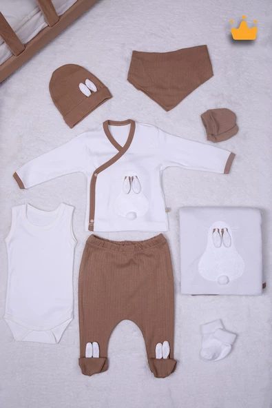Babyhola 3 Boyutlu Tavşanlı Kız Erkek Bebek Yenidoğan 8'li Zıbın Seti 0-3 Ay Hediyelik Hastane Çıkışı 6017