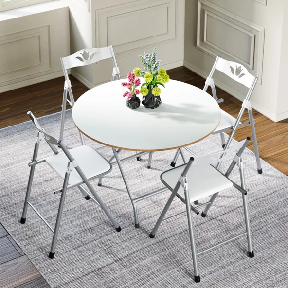 Eportatif Katlanır Masa ve 4 Adet Sandalye Seti Beyaz 1463 - Resim 2
