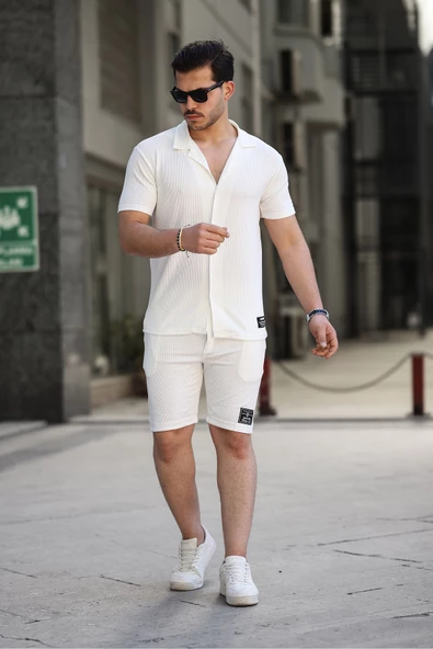İnce Çizgili Erkek Gömlek ve Şort Takım Beyaz - 2